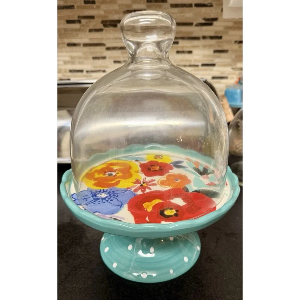 Pioneer Woman Ceramic Cup Cake Stand & Glass Cover Polka Dots and Floral Pattern